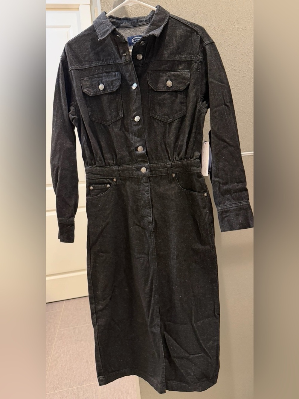 Black Long-Sleeve Button-Front Denim Dress